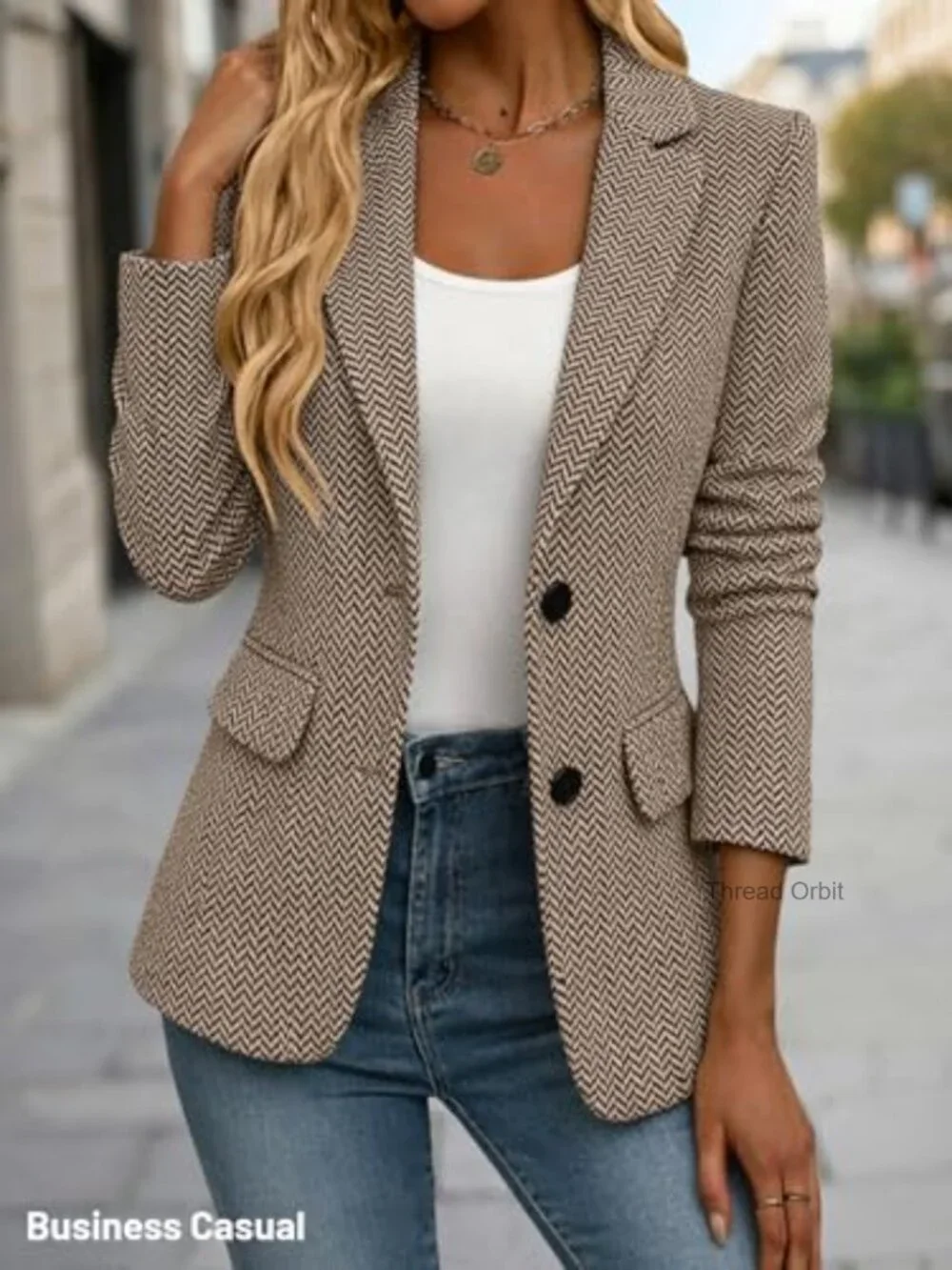 Herringbone Tweed Blazer Open Front Lined Pockets Work Office Casual - Picture 3 of 7